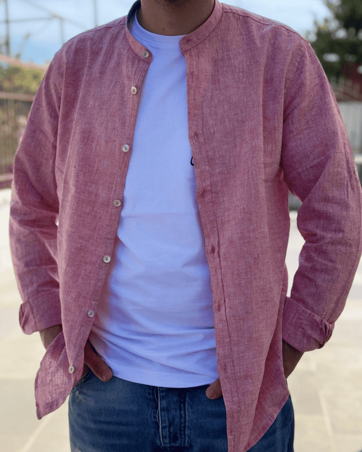 Camicia in Lino Salmone – Collo Coreano