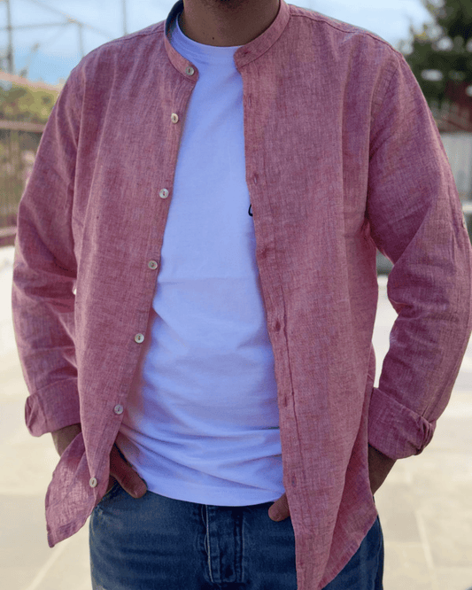 Camicia in Lino Salmone – Collo Coreano
