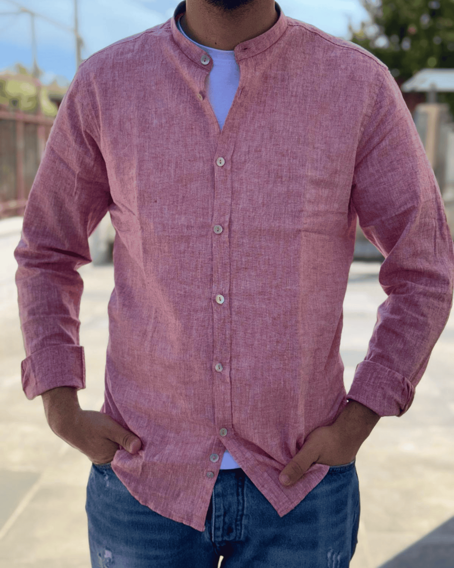 Camicia in Lino Salmone – Collo Coreano